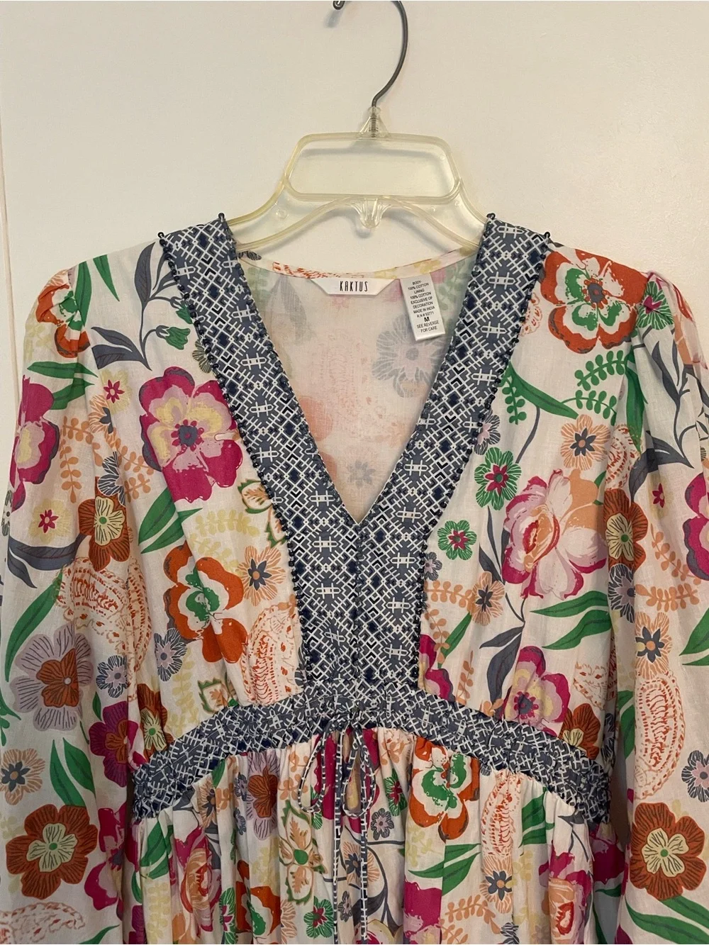 Kaktus Boho Floral Tiered Womens Dress with Blue Trim Size M V Neck Cottagecore - Picture 2 of 12